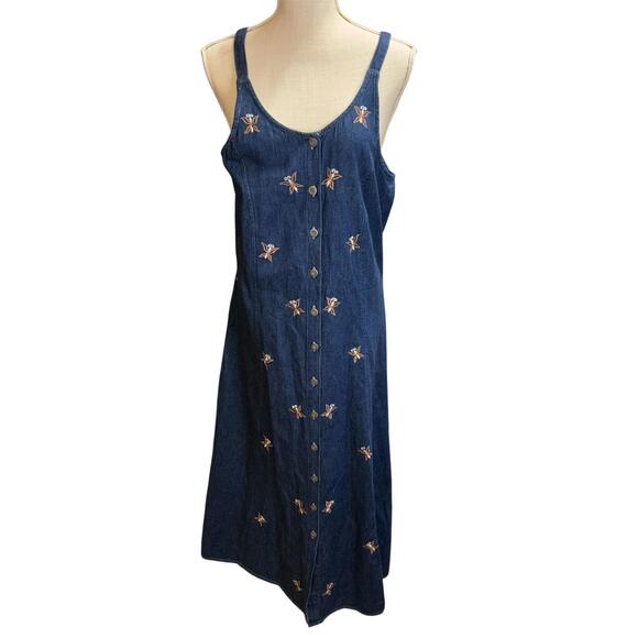 Denim embroidered butterfly maxi dress vtg 90s - Picture 1 of 4